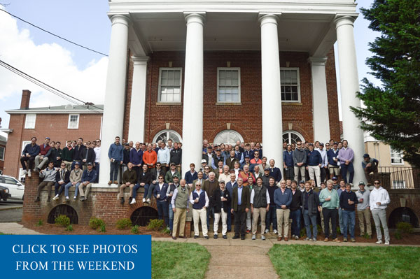 Group Photo of St. Anthony Alumni on steps of the house with text box instructing users to click image to see photo link