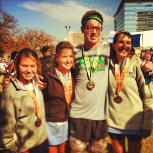 Raleigh, with his sister Caroline, surrounded by other runners and supporters of his cause.