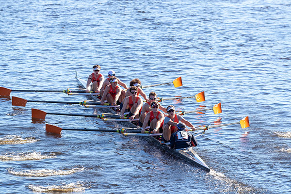 Aerial photo of the varsity eight at the Head of the Charles Regatta