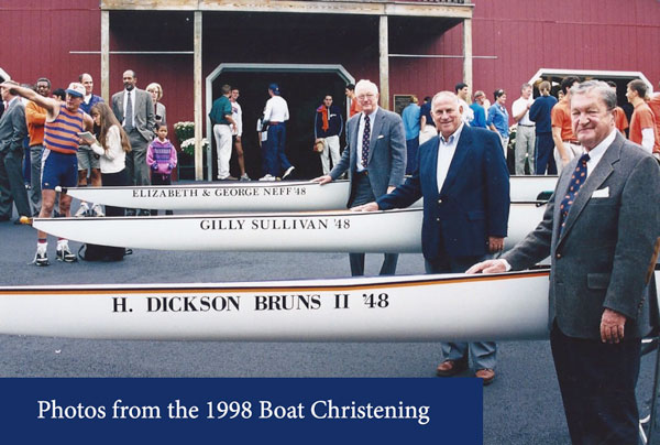 Photo of Rowing Alumni with boats during the 1998 boat christening